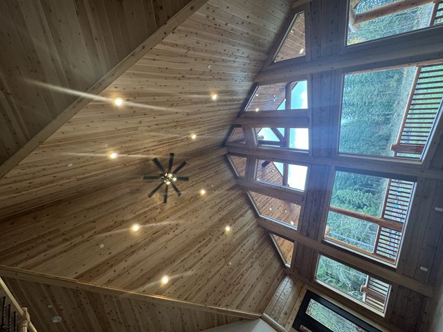 A great room with a timber ceiling and downlights